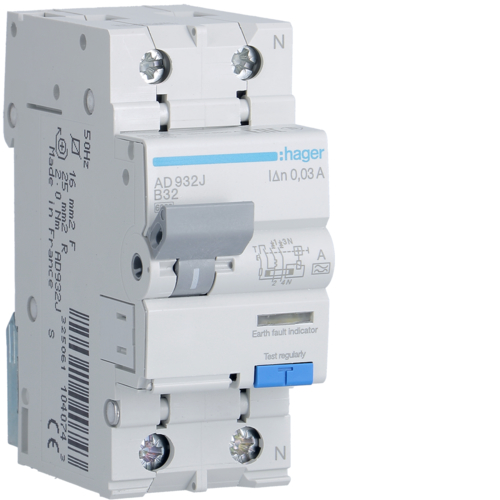 Siguranta automata diferentiala RCBO 1P+N B-32A/30mA tip A AD932J Hager