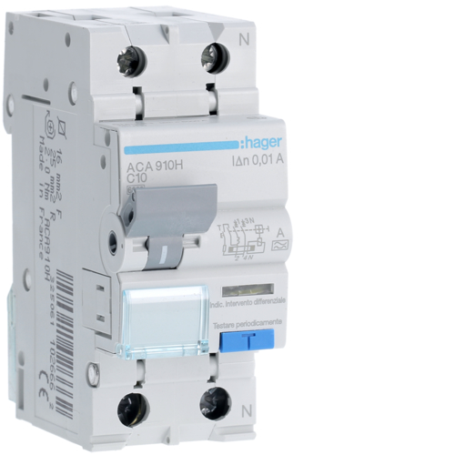 Siguranta automata diferentiala RCBO 1P+N C-10A/10mA tip A ACA910H Hager