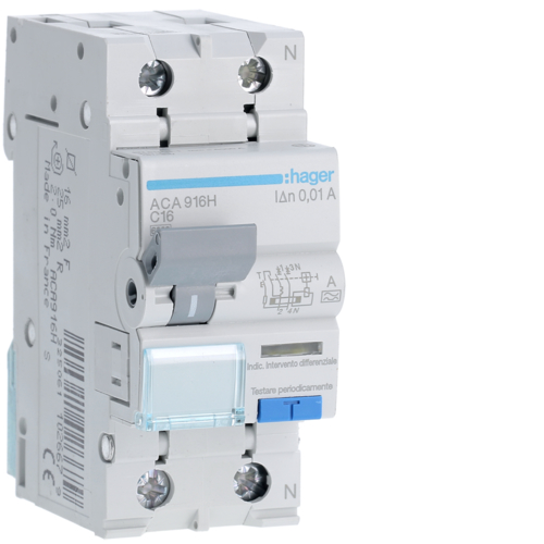 Siguranta automata diferentiala RCBO 1P+N C-16A/10mA tip A ACA916H Hager