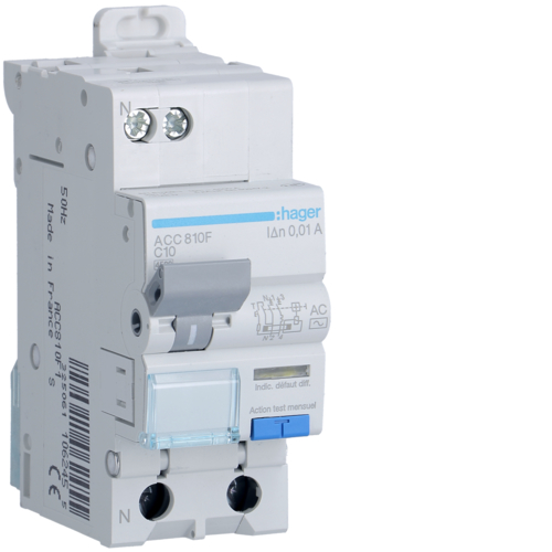 Siguranta automata diferentiala RCBO 1P+N C-10A/10mA tip AC ACC810F Hager