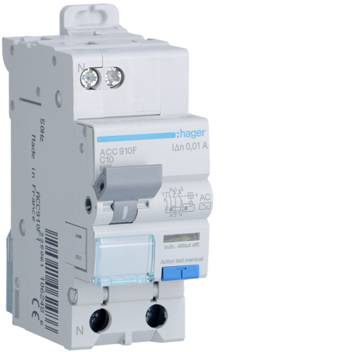 Siguranta automata diferentiala RCBO 1P+N C-10A/10mA tip AC ACC910F Hager
