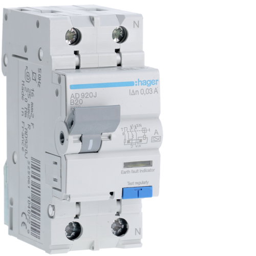 Siguranta automata diferentiala RCBO 1P+N B-20A/30mA tip A AD920J Hager