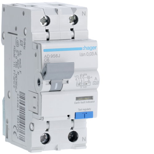 Siguranta automata diferentiala RCBO 1P+N C-6A/30mA tip A AD956J Hager