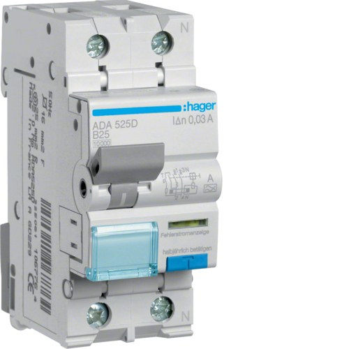 Siguranta automata diferentiala RCBO 1P+N B-25A/30mA tip A ADA525D Hager