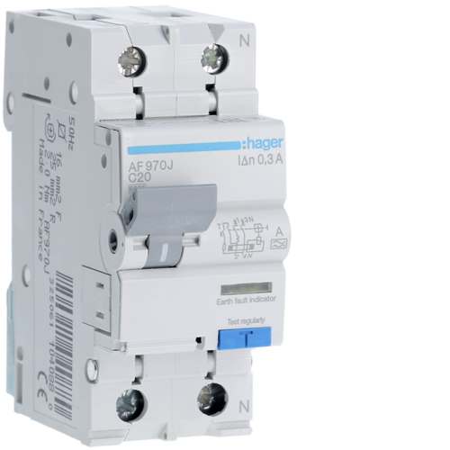 Siguranta automata diferentiala RCBO 1P+N C-20A/300mA tip A AF970J Hager