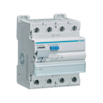 Intrerupator diferențial RCCB 4P 63A/30mA, 10kA, tip A, Hager CDA663D
