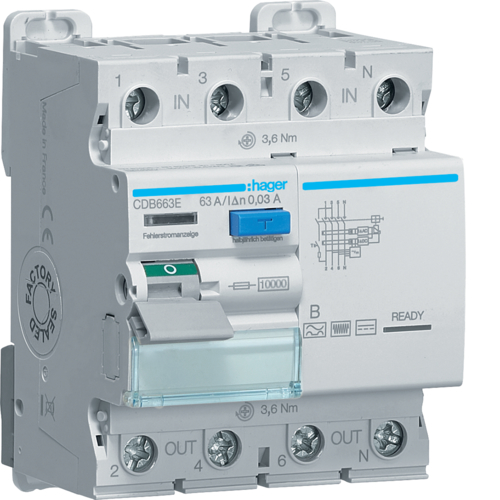 Intrerupator diferențial RCCB 4P 63A/30mA, 10kA, tip B, Hager CDB663E