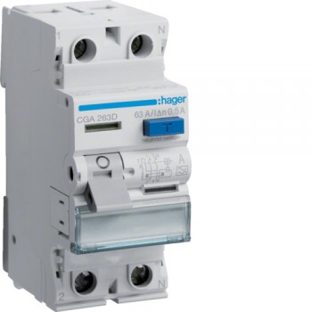 Intrerupator diferential RCCB 2P 63A/500mA, tip A, Hager CGA263D