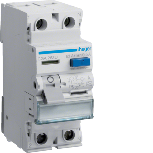 Intrerupator diferential RCCB 2P 63A/500mA, tip A, Hager CGA263D