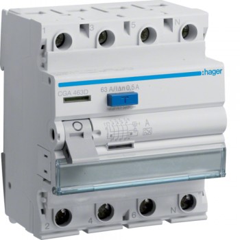 Intrerupator diferential RCCB 4P 63A/500mA, tip A, Hager CGA463D