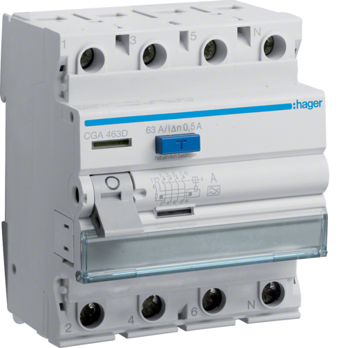 Intrerupator diferential RCCB 4P 63A/500mA, tip A, Hager CGA463D