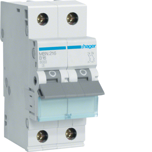 Siguranta automata  2P, 16A, 6kA, curba B, Hager MBN216
