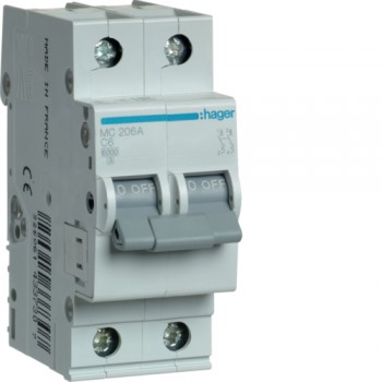 Siguranta automata 2P, 6A, 6kA, curba C, Hager MC206A
