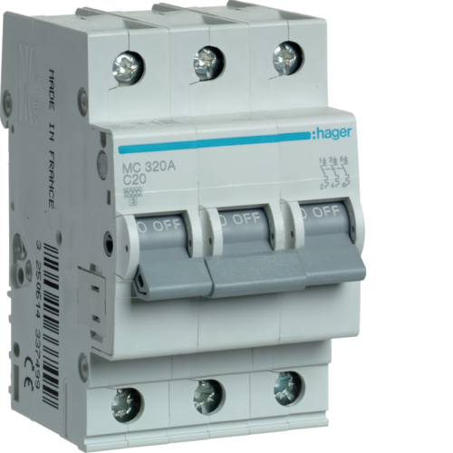Siguranta automata 3P, 20A, 6kA, curba C, Hager MC320A