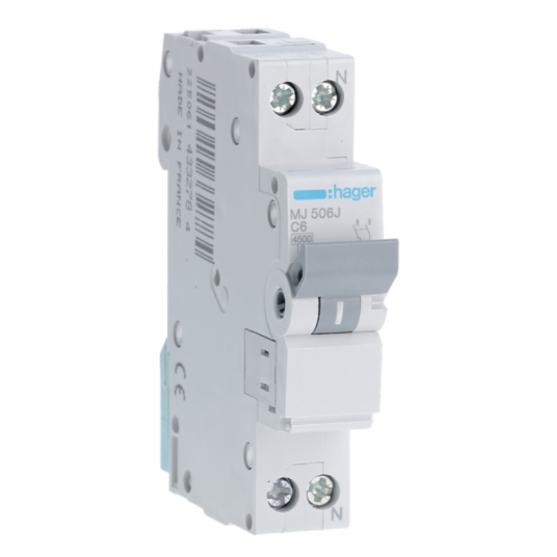 Siguranta automata 1P+N, 6A, 4.5kA, curba C, Hager MJ506J