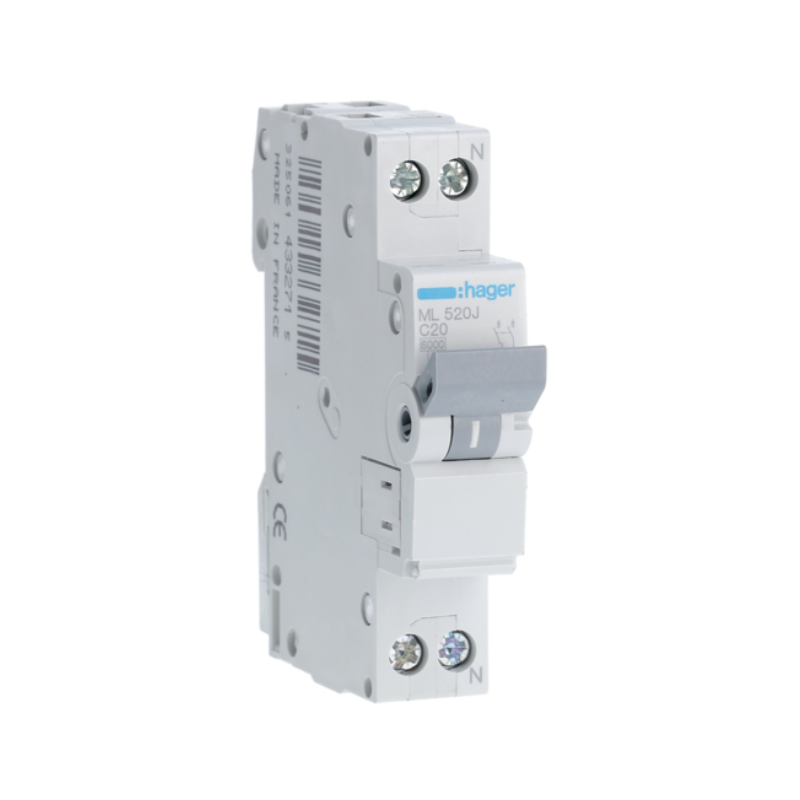 Siguranta automata 1P+N, 20A, 6kA, curba C, Hager ML520J