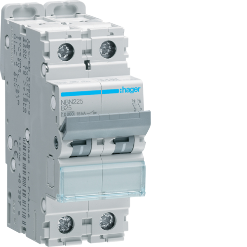 Siguranta automata 2P, 25A, 10kA, curba B, Hager NBN225