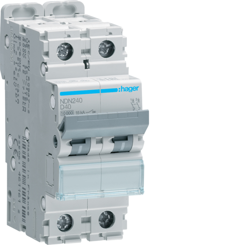 Siguranta automata 2P, 40A, 10kA, curba D, Hager NDN240
