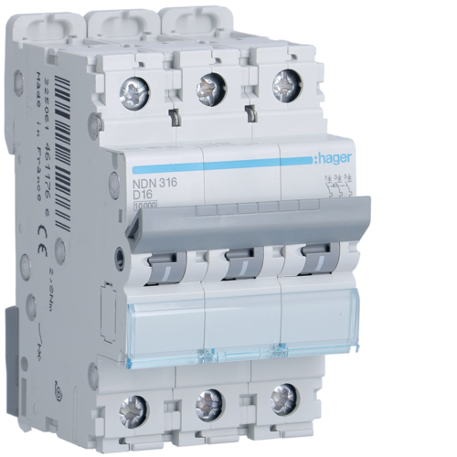 Siguranta automata 3P, 16A, 10kA, curba D, Hager NDN316