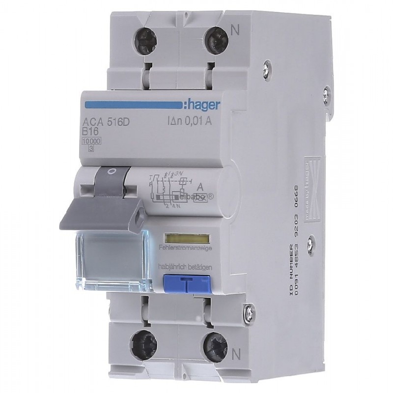 Siguranta automata diferentiala RCBO 1P+N B-16A/10mA tip A ACA516D Hager