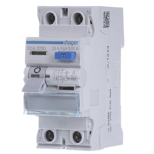 Intrerupator diferențial RCCB 1P+N 25A/10mA 6kA tip A CCA225D Hager