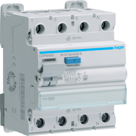 Intrerupator diferential RCCB 3P+N 40A/30mA, 10kA, Tip F Hager CDF640D