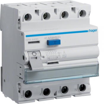 Întrerupător diferențial RCCB 4P 40A/300mA, 6kA, tip A, Hager CFA440D