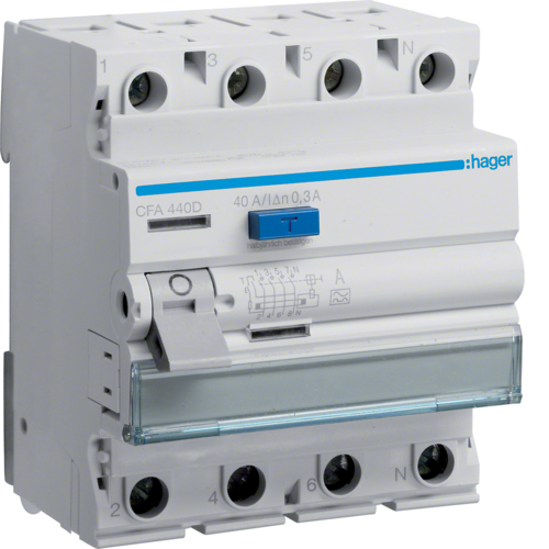 Întrerupător diferențial RCCB 4P 40A/300mA, 6kA, tip A, Hager CFA440D