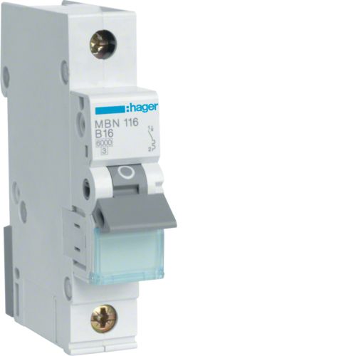 Siguranta automata  1P, 16A, 6kA, curba B, Hager MBN116