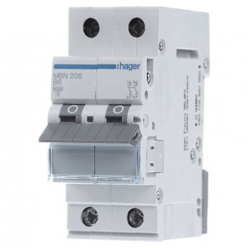 Siguranta automata  2P, 6A, 6kA, curba B, Hager MBN206