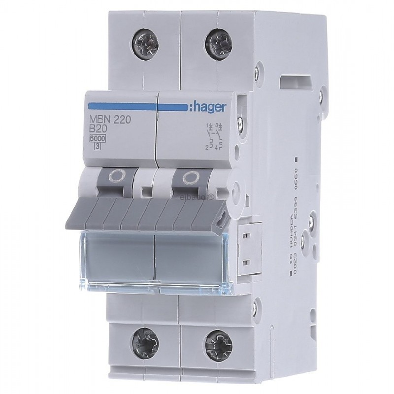 Siguranta automata  2P, 20A, 6kA, curba B, Hager MBN220