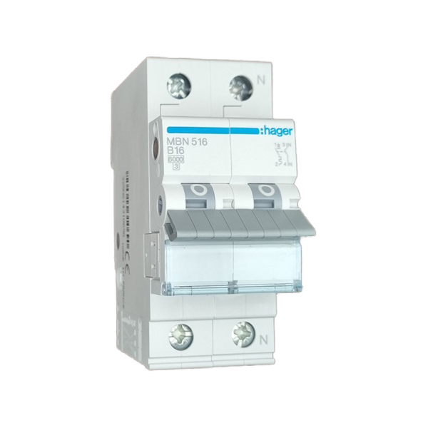 Siguranta automata 1P+N, 2M, 16A, 6kA, curba B, Hager MBN516  