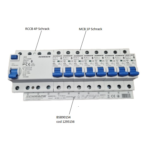 Busbar 1x RCCB 4-poli, 8 x MCB 1-pol, 11 module BSB90154 Schrack