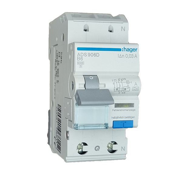 Siguranta automata diferentiala RCBO 1P+N B-6A/30mA tip A ADS906D Hager