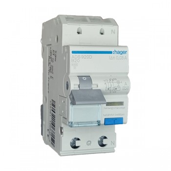 Siguranta automata diferentiala RCBO 1P+N B-20A/30mA tip A ADS920D Hager