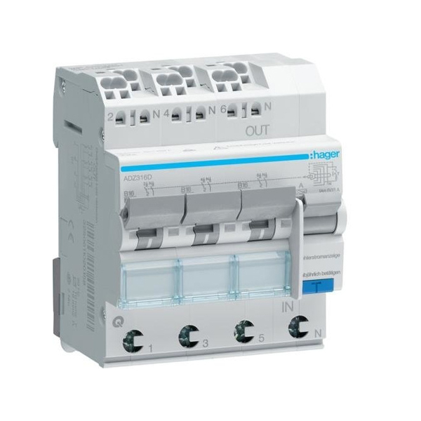 Siguranta automata diferentiala RCBO 4P B-16A/30mA tip A ADZ316D Hager
