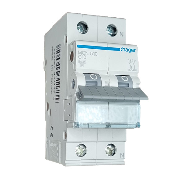 Siguranta automata 1P+N, 10A, 6kA, 2M curba C, Hager MCN510