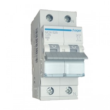 Siguranta automata 1P+N, 25A, 6kA, 2M curba C, Hager MCN525