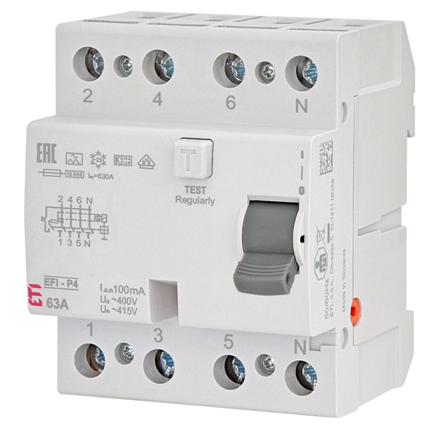 Intrerupator diferential RCCB 4P 63A/100mA 10kA tip A 002061523 ETI