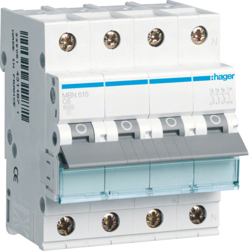 Siguranta automata 3P+N, 16A, 6kA, curba B, Hager MBN616