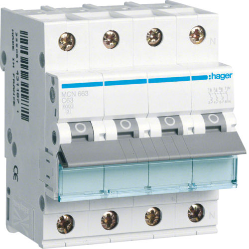 Siguranta automata 3P+N, 63A, 6kA, curba B, Hager MBN663