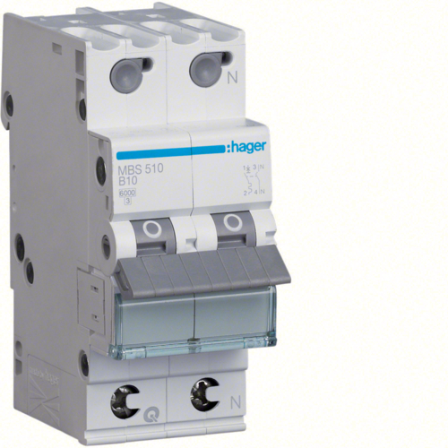 Siguranta automata 1P+N, 2M, 10A, 6kA, curba B, Hager MBS510  quick connect