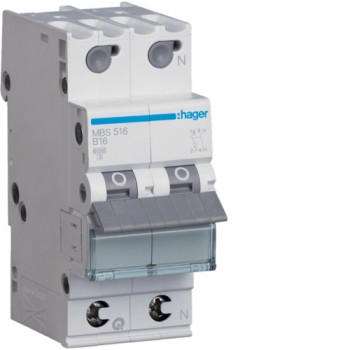 Siguranta automata 1P+N, 2M, 16A, 6kA, curba B, Hager MBS516  quick connect
