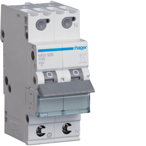 Siguranta automata 1P+N, 2M, 20A, 6kA, curba B, Hager MBS520  quick connect
