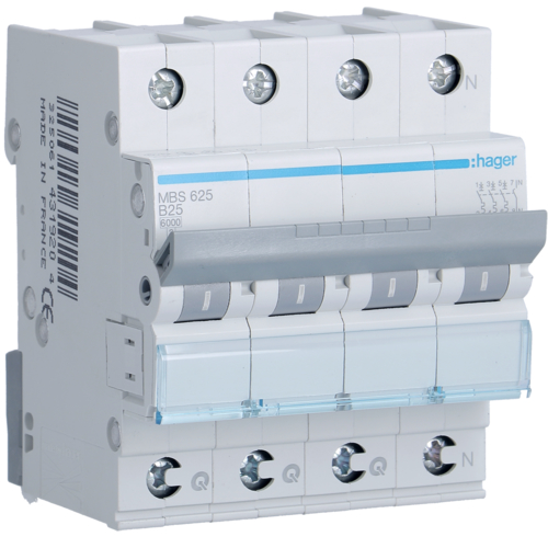 Siguranta automata 3P+N, 25A, 6kA, curba B, Hager MBS625  quick connect