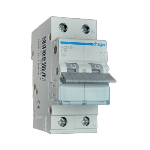 Siguranta automata 1P+N, 16A, 6kA, 2M curba C, Hager MCN516